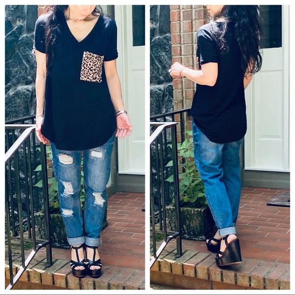 BLACK V NECK LEOPARD POCKET TUNIC TOP - Picture 8 of 14